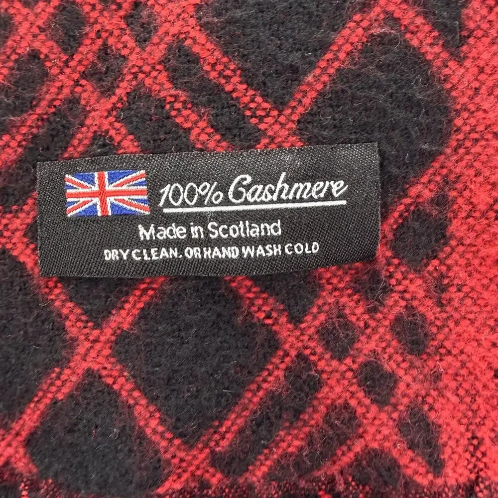 Open Scarf 100% Cashmere Red Black Diamond Patterns 66"x11" Scotland Classic - Picture 2 of 6